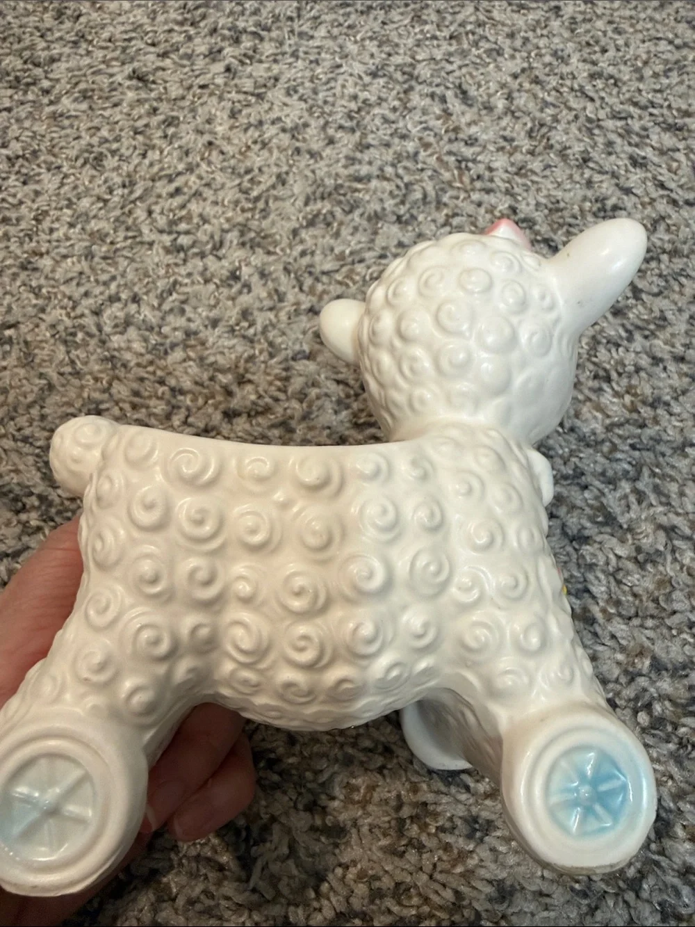 Vtg Baby Lamb on Wheels Bell Planter Art Nursery Pottery Inarco Japan MCM Kitsch